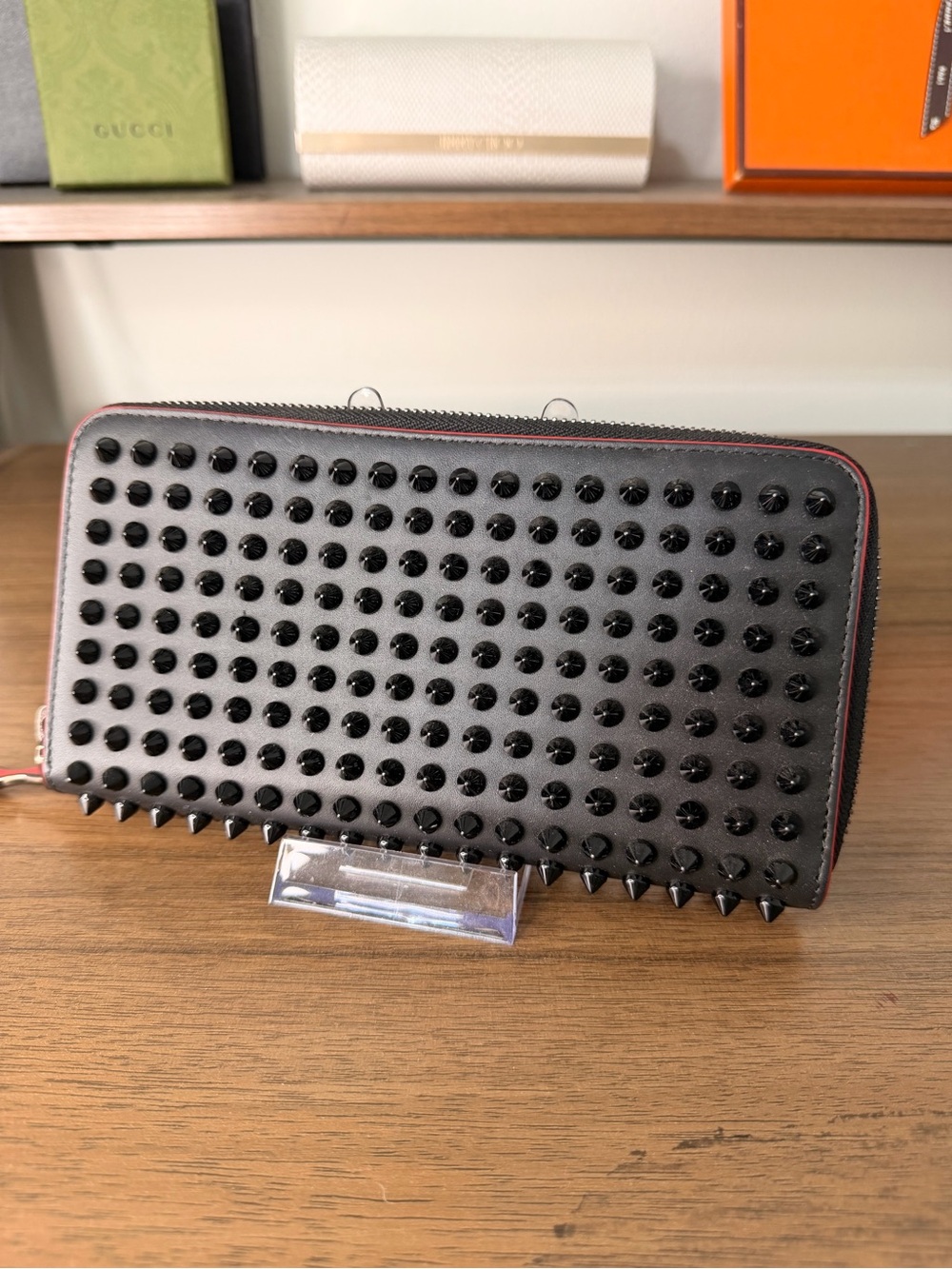 AUTHENTIC - Christian Louboutin Black Spiked Long Zip Wallet